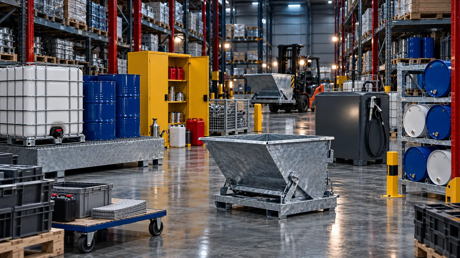 Magazijn met opvangbakken, IBC en vaten, veiligheidskast, kiepcontainers en dieseltank uit het Qualitools-assortiment